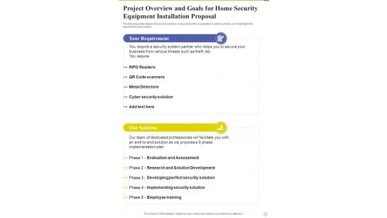 Project Overview And Goals For Home Security Equipment Installation Proposal One Pager Sample Example Document
