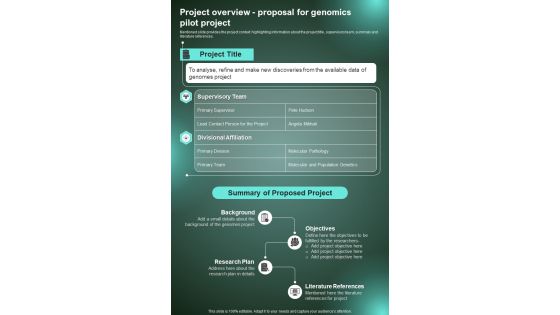 Project Overview Proposal For Genomics Pilot Project One Pager Sample Example Document