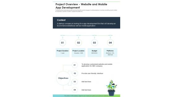 Project Overview Website And Mobile App Development One Pager Sample Example Document