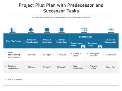Project pilot plan with predecessor and successor tasks