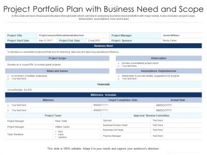 Project portfolio plan with business need and scope