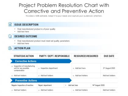 Project problem resolution chart with corrective and preventive action