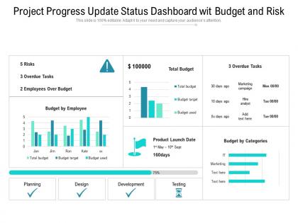Project progress update status dashboard wit budget and risk