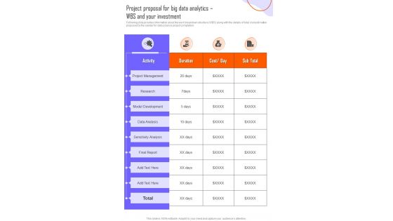 Project Proposal For Big Data Analytics Wbs And Your Investment One Pager Sample Example Document