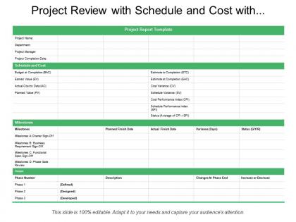 Project review with schedule and cost with milestones and scope