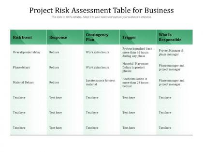 Project risk assessment table for business
