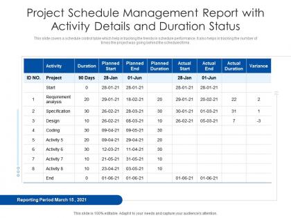 Project schedule management report with activity details and duration status