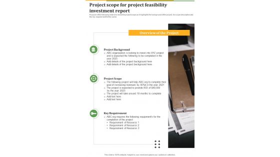 Project Scope For Project Feasibility Investment Report One Pager Sample Example Document