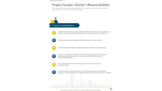 Project Scope Owners Responsibilities One Pager Sample Example Document