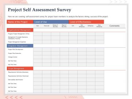 Project self assessment survey organizational management ppt powerpoint deck
