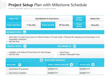 Project setup plan with milestone schedule