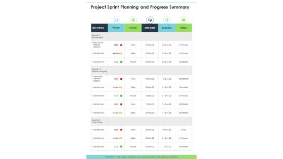 Project Sprint Planning And Progress Summary One Pager Sample Example Document