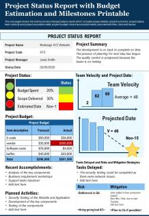 Project status report with budget estimation and milestones printable report infographic ppt pdf document