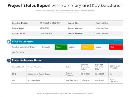 Project status report with summary and key milestones