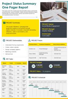 Project status summary one pager report presentation report infographic ppt pdf document