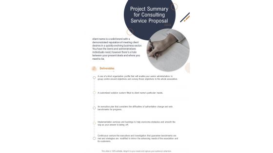 Project Summary For Consulting Service Proposal One Pager Sample Example Document
