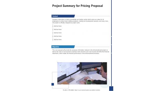 Project Summary For Pricing Proposal One Pager Sample Example Document