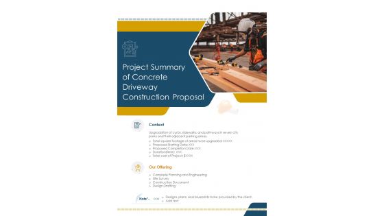 Project Summary Of Concrete Driveway Construction Proposal One Pager Sample Example Document