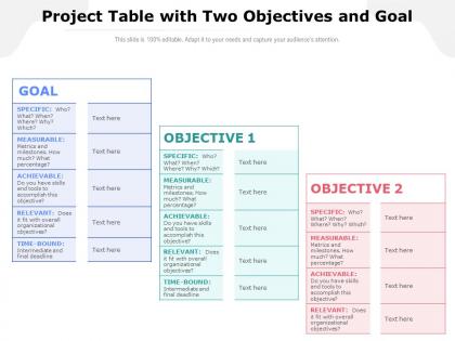 Project table with two objectives and goal