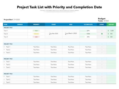 Project task list with priority and completion date