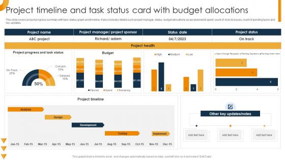 Project Timeline And Task Status Card With Budget Allocations