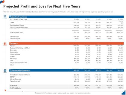 Projected profit and loss five years business development strategy for startup ppt topics