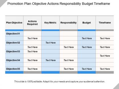 Promotion plan objective actions responsibility budget timeframe