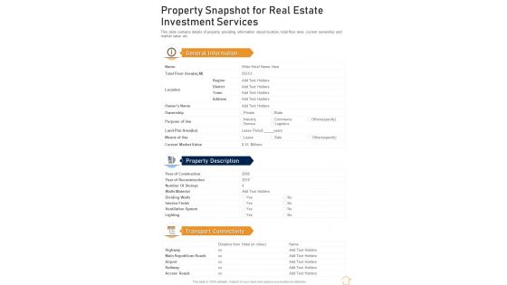 Property Snapshot For Real Estate Investment Services One Pager Sample Example Document
