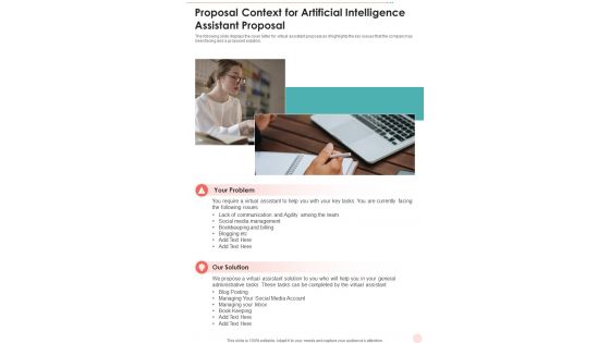Proposal Context For Artificial Intelligence Assistant Proposal One Pager Sample Example Document