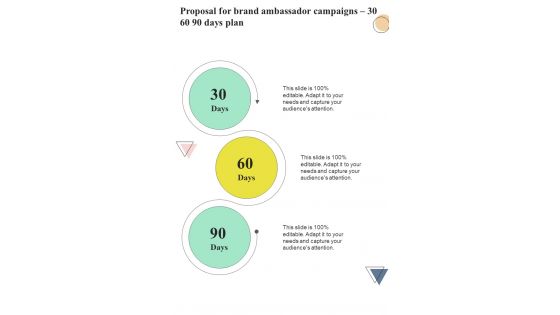 Proposal For Brand Ambassador Campaigns 30 60 90 Days Plan One Pager Sample Example Document