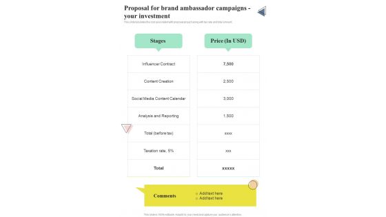 Proposal For Brand Ambassador Campaigns Your Investment One Pager Sample Example Document