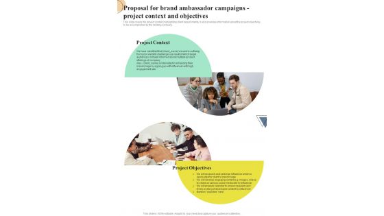 Proposal For Brand Ambassador Project Context And Objectives One Pager Sample Example Document