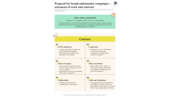 Proposal For Brand Ambassador Statement Of Work And Contract One Pager Sample Example Document