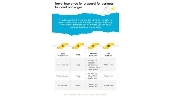Proposal For Business Tour And Packages For Travel Insurance One Pager Sample Example Document