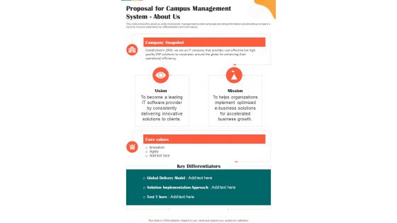 Proposal For Campus Management System About Us One Pager Sample Example Document