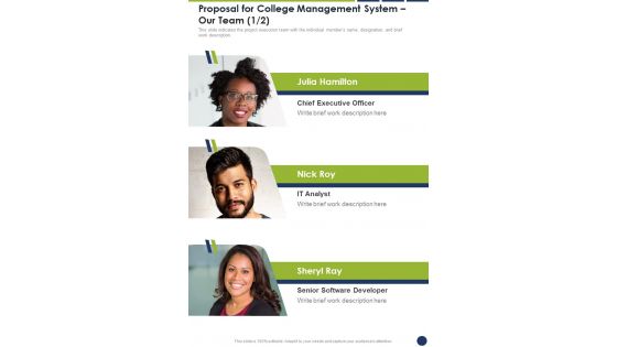 Proposal For College Management System Our Team One Pager Sample Example Document