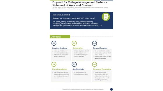 Proposal For College Management System Statement Of Work And Contract One Pager Sample Example Document