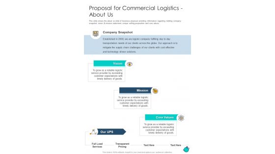 Proposal For Commercial Logistics About Us One Pager Sample Example Document
