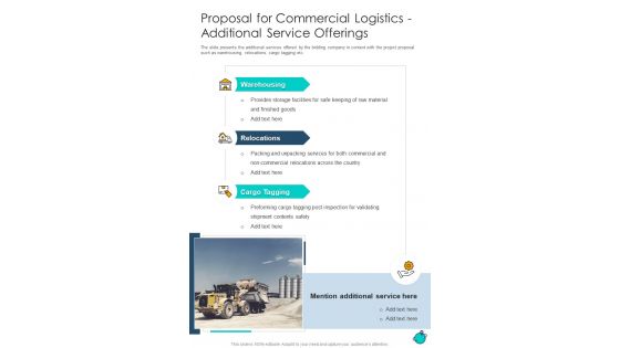 Proposal For Commercial Logistics Additional Service Offerings One Pager Sample Example Document