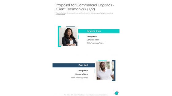 Proposal For Commercial Logistics Client Testimonials One Pager Sample Example Document