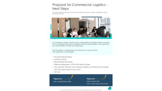 Proposal For Commercial Logistics Next Steps One Pager Sample Example Document