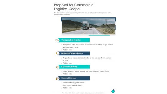 Proposal For Commercial Logistics Scope One Pager Sample Example Document