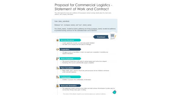 Proposal For Commercial Logistics Statement Of Work And Contract One Pager Sample Example Document