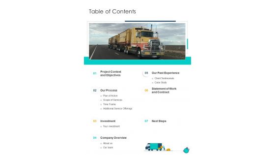 Proposal For Commercial Logistics Table Of Contents One Pager Sample Example Document