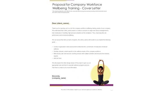 Proposal For Company Workforce Wellbeing Training Cover Letter One Pager Sample Example Document