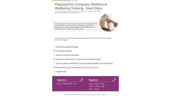 Proposal For Company Workforce Wellbeing Training Next Steps One Pager Sample Example Document
