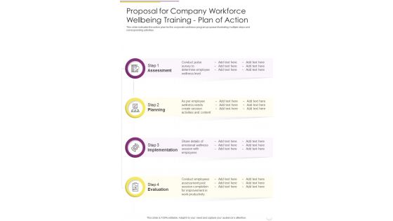 Proposal For Company Workforce Wellbeing Training Plan Of Action One Pager Sample Example Document