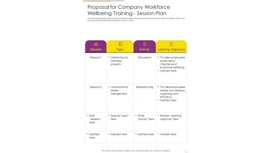 Proposal For Company Workforce Wellbeing Training Session Plan One Pager Sample Example Document