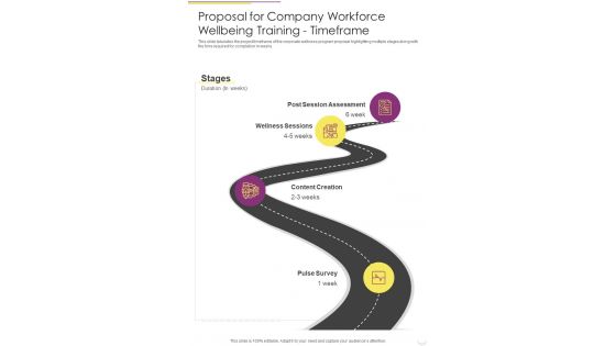 Proposal For Company Workforce Wellbeing Training Timeframe One Pager Sample Example Document