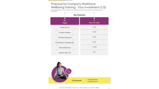 Proposal For Company Workforce Wellbeing Training Your Investment One Pager Sample Example Document